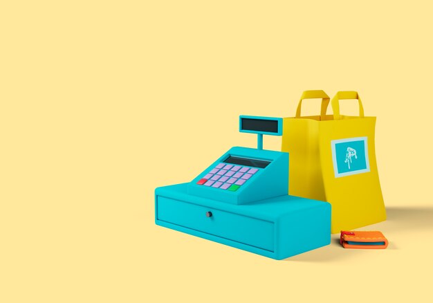 Ilustración 3d de entrega con caja registradora y bolsa de compras