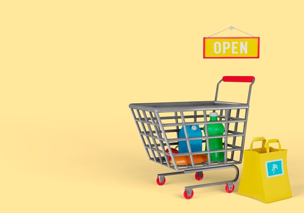 Ilustración 3d de entrega con carrito de compras y cartel abierto