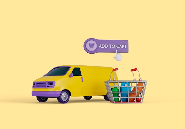 Ilustración 3d de entrega con furgoneta y cesta con productos