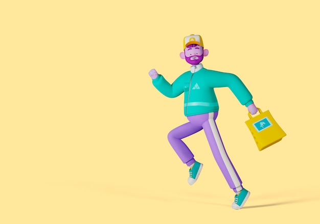 Ilustración 3d de entrega con una persona corriendo mientras sostiene una bolsa de compras
