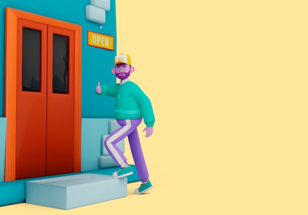 Ilustración 3d de entrega con persona en la entrada de la casa mostrando los pulgares hacia arriba