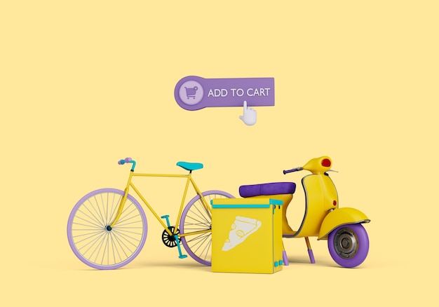Ilustración 3d de entrega con scooter y bicicleta