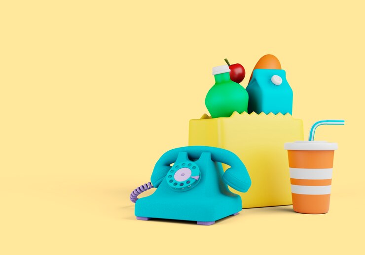 PSD gratuito ilustración 3d de entrega con teléfono de disco y comestibles