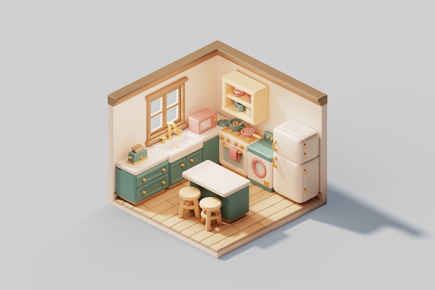 Ilustración 3d de habitación isométrica