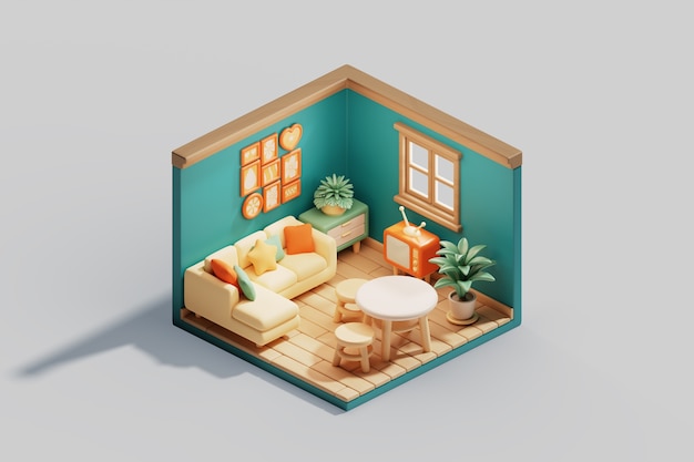 Ilustración 3d de habitación isométrica