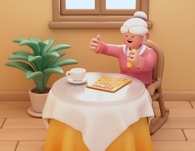 PSD gratuito ilustración 3d para hogar de ancianos con mujer jugando bingo