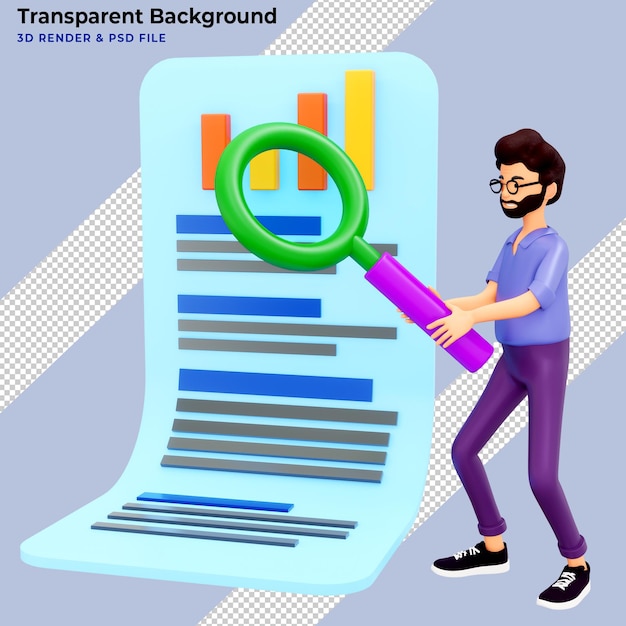 PSD gratuito ilustración 3d de un hombre con una enorme lupa investigando un panel de negocios con gráficos e infografías