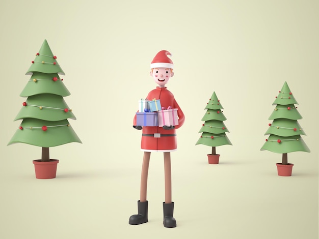 Ilustración 3d joven en traje de santa claus con cajas de regalo, árbol de navidad detrás, aislado en blanco