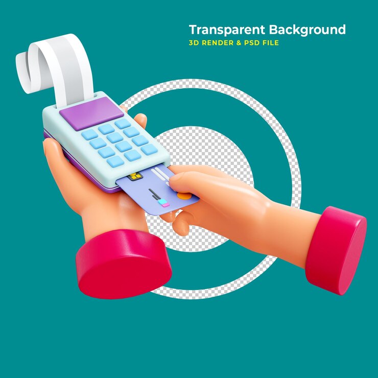 Ilustración 3d manos con máquina edc y tarjeta de crédito