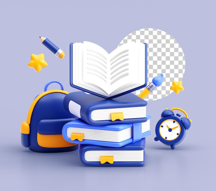 PSD gratuito ilustración 3d de material escolar y educativo con libros, mochila y reloj