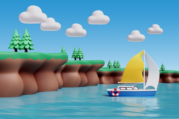 Ilustración 3d con paisaje de agua y naturaleza.