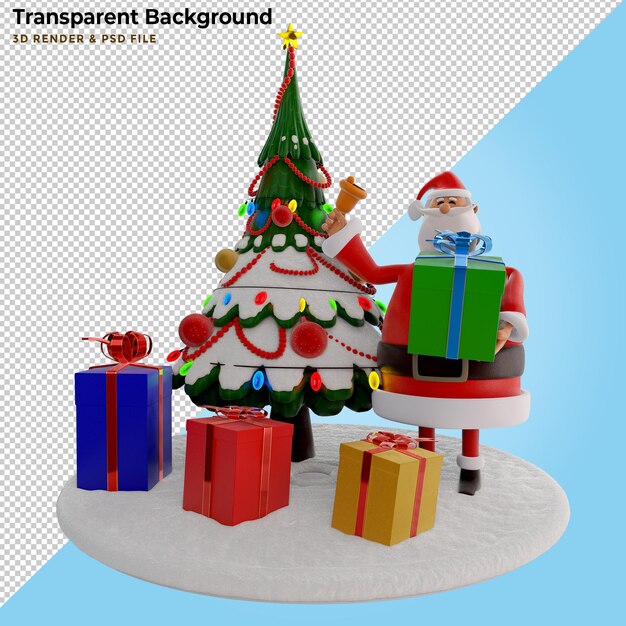 Ilustración 3D. Papá Noel 3D con enormes regalos y pino