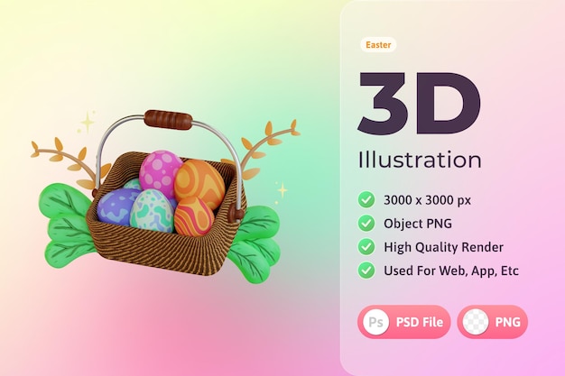 PSD gratuito ilustración 3d de pascua, canasta de huevos con plantas