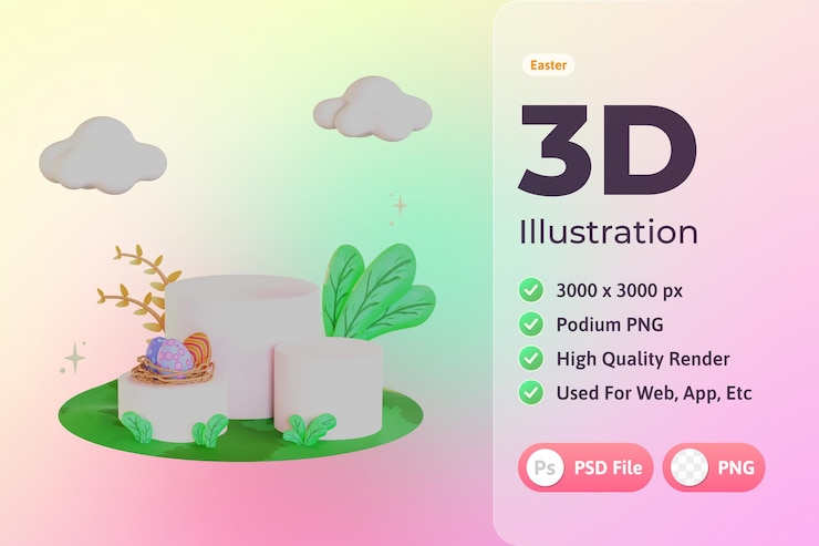 PSD gratuito ilustración 3d de pascua, podio y plantas
