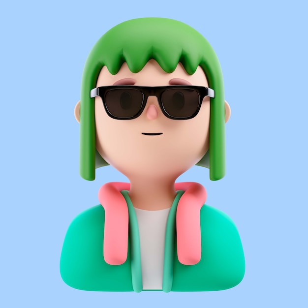 Ilustración 3d de persona con gafas de sol y cabello verde.