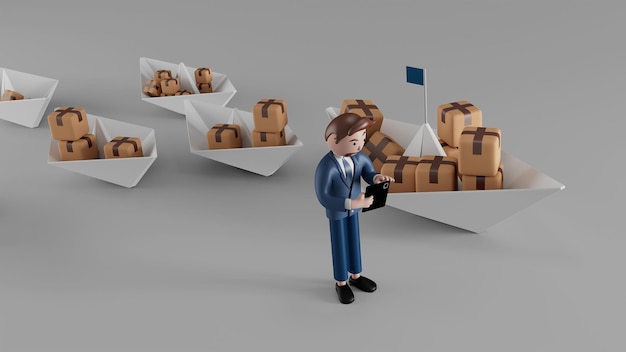 Ilustración 3D personaje de dibujos animados joven hombre de viaje con sombrero y bandolera de pie con una sonrisa, representando