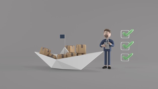 Ilustración 3D personaje de dibujos animados joven mochilero con sombrero para viajar con una bolsa blanca de pie y mostrar el pasaporte con una sonrisa, representando