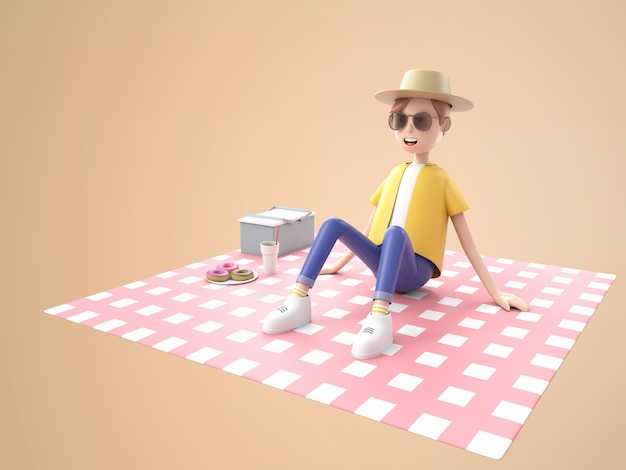 Ilustración 3D personaje de dibujos animados joven con sombrero y gafas de sol descansando sobre una estera a cuadros durante un picnic
