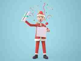PSD gratuito ilustración 3d personaje de dibujos animados joven en traje de santa claus con cajas de regalo, aislado en blanco