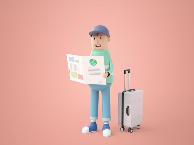 Ilustración 3D personaje de dibujos animados joven viajero hombre buscando ubicación en el mapa durante el viaje en vacaciones de verano