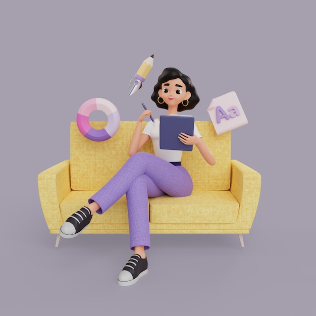 Ilustración 3d del personaje diseñador gráfico femenino con tableta en el sofá