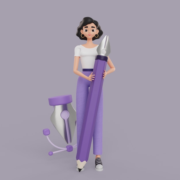 Ilustración 3d del personaje de diseñadora gráfica femenina con pluma y lápiz