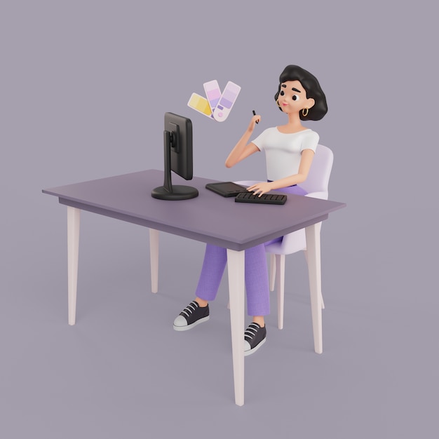 Ilustración 3d del personaje de diseñadora gráfica femenina que trabaja en el escritorio
