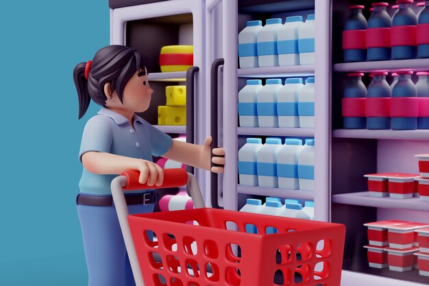 Ilustración 3D de personaje femenino en la tienda de comestibles.