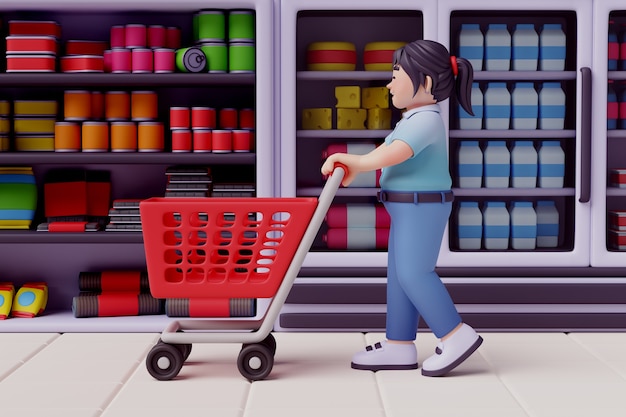 Ilustración 3D de personaje femenino en la tienda de comestibles.
