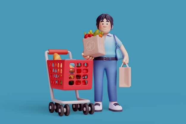Ilustración 3D de personaje femenino en la tienda de comestibles.