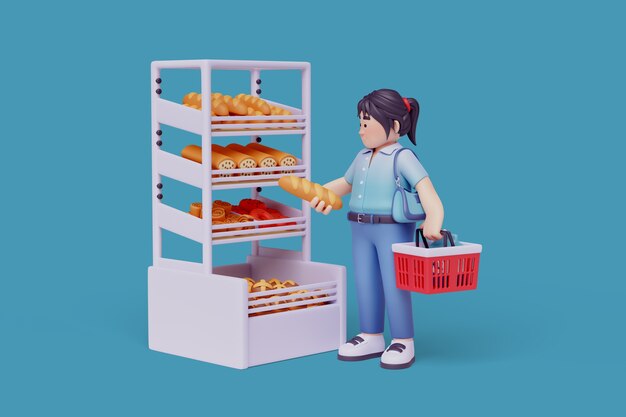 Ilustración 3D de personaje femenino en la tienda de comestibles.