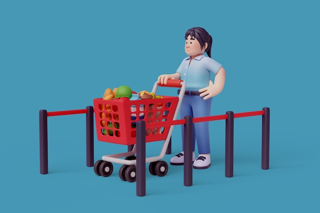 Ilustración 3D de personaje femenino en la tienda de comestibles.