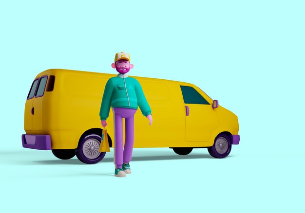 Ilustración 3d del personaje del repartidor con furgoneta