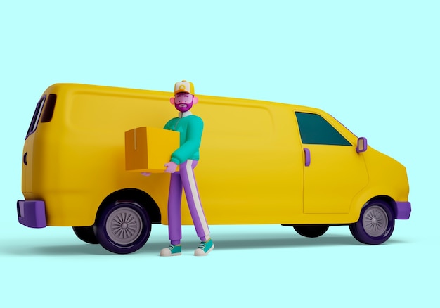 Ilustración 3d del personaje del repartidor que sostiene la caja al lado de la furgoneta