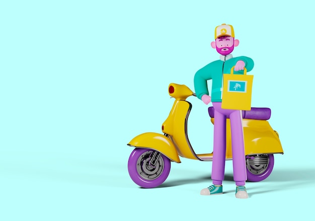 Ilustración 3d del personaje del repartidor sosteniendo una bolsa con scooter