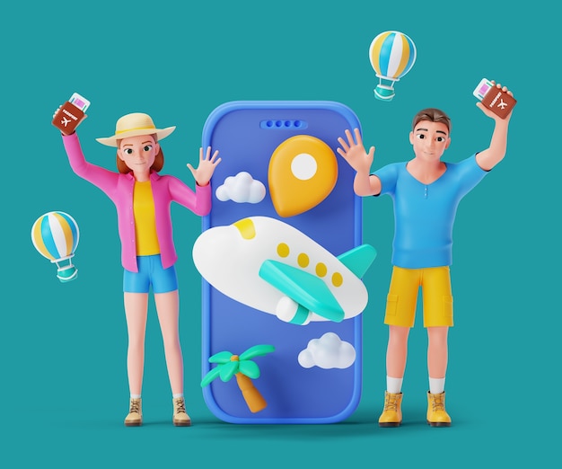 PSD gratuito ilustración 3d con personajes de turistas de viaje