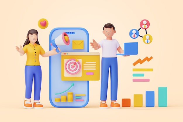 Ilustración 3d de personas que trabajan en marketing.