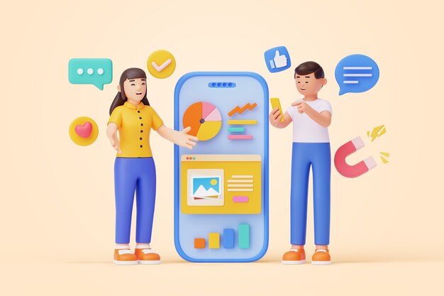 Ilustración 3D de personas que trabajan en marketing.