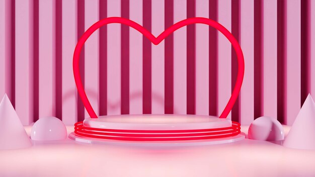 Ilustración 3d del podio de luz de neón con corazón para el día de san valentín