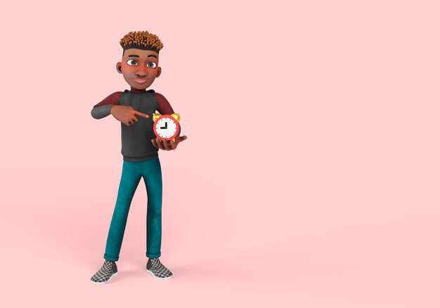 Ilustración 3d de pose de personaje masculino apuntando al reloj