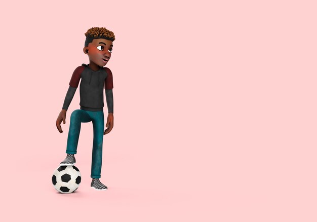 Ilustración 3d de pose de personaje masculino con fútbol