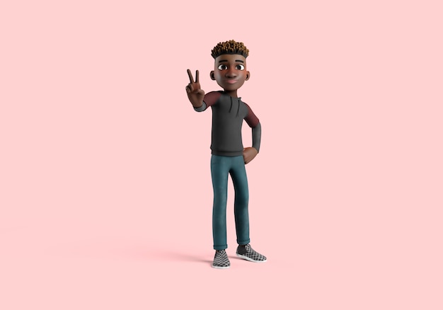 Ilustración 3d de pose de personaje masculino que muestra el signo de la paz