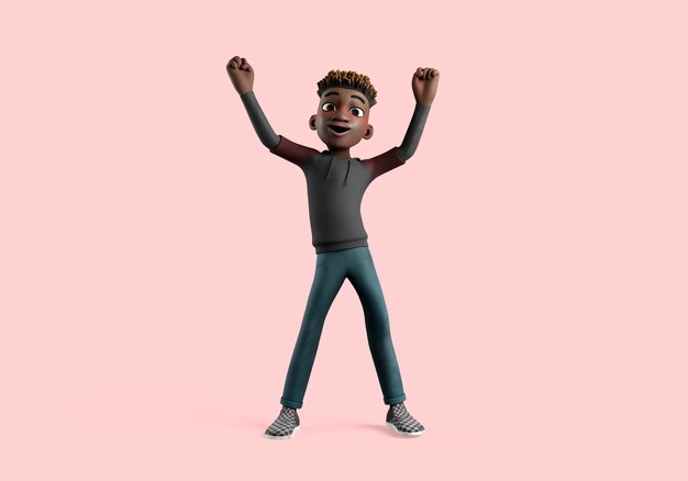 Ilustración 3d de pose de personaje masculino que parece victorioso