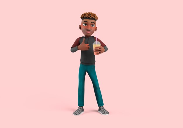 Ilustración 3d de pose de personaje masculino sosteniendo bebida y mostrando los pulgares hacia arriba