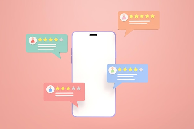 Ilustración 3D de un teléfono inteligente móvil con textos de burbujas