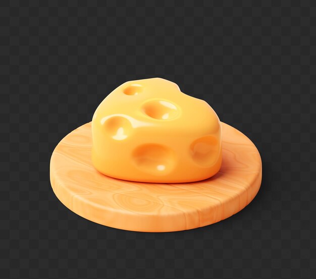 Ilustración en 3D de un trozo de queso en un plato de madera