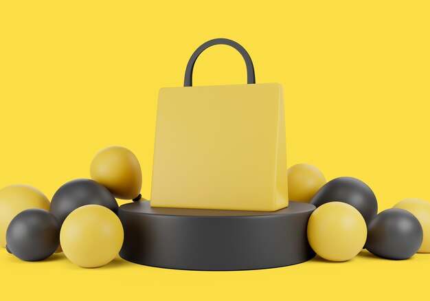 Ilustración 3d para ventas de viernes negro con globos y bolsa de compras