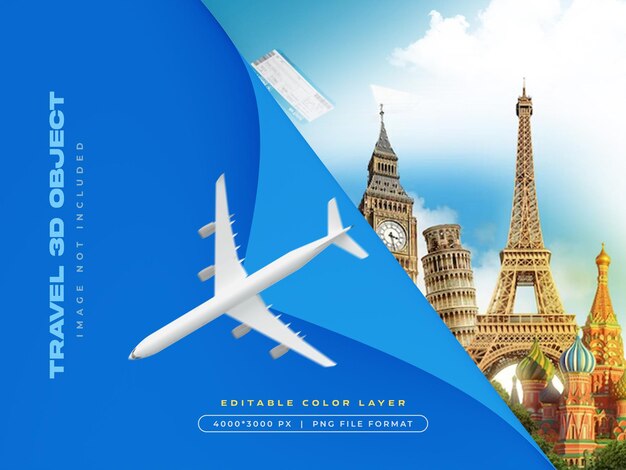 Ilustración aislada de avión de objeto de viaje 3D