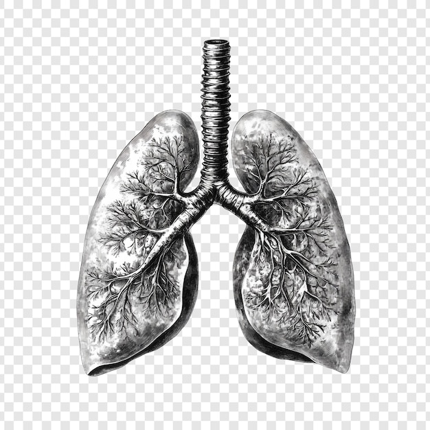 Ilustración anatómica detallada de los pulmones humanos Un estilo de grabado en blanco y negro Representación de los sistemas respiratorios Estructura intrincada Destacando el árbol bronquial y los alveolos