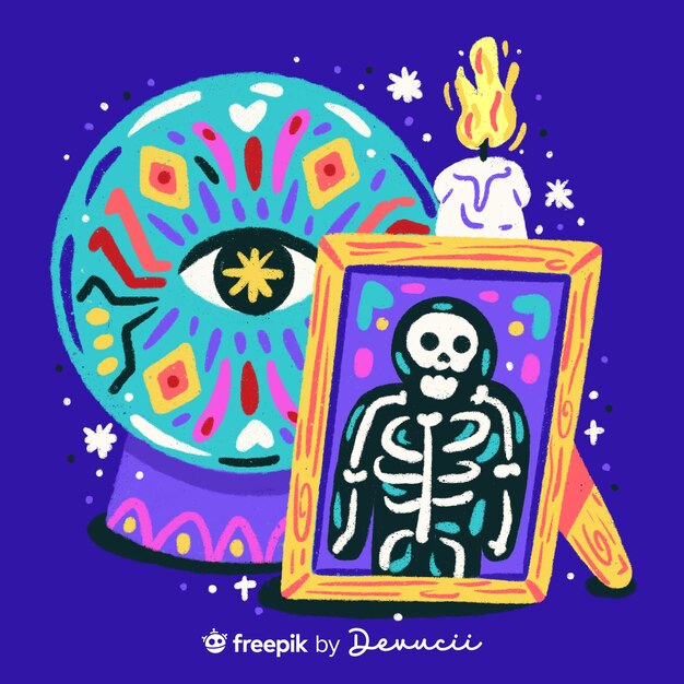 Ilustración de bola mágica y foto de esqueleto